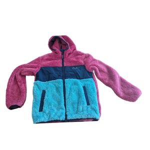 Eddie Bauer Kids Fleece Hooded‎ Jacket Size M (10/12) Pink Blue Color Block